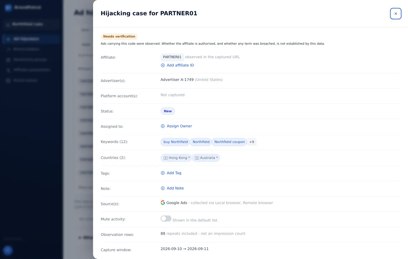 A single hijacking case: affiliate code, advertiser, status, twelve keywords, two countries, source, 88 observation rows and the capture window.